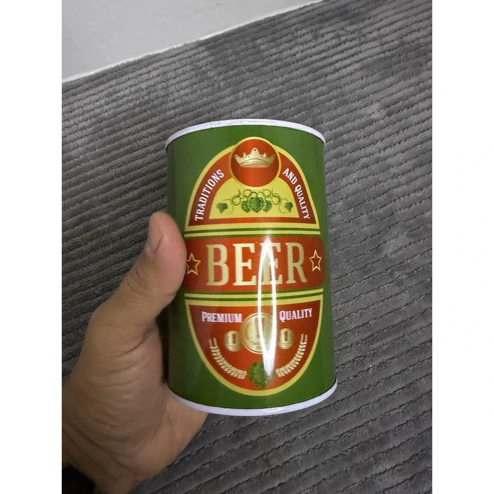 NWT Gift Beer Can Money Piggy Bank Aluminum Green Tan New